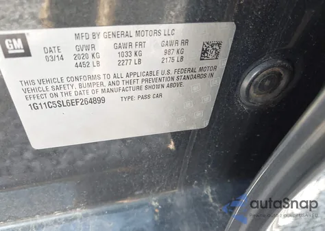 2014 Chevrolet Malibu 1Lt z USA, uszkodzony, nr VIN 1G11C5SL6EF264899